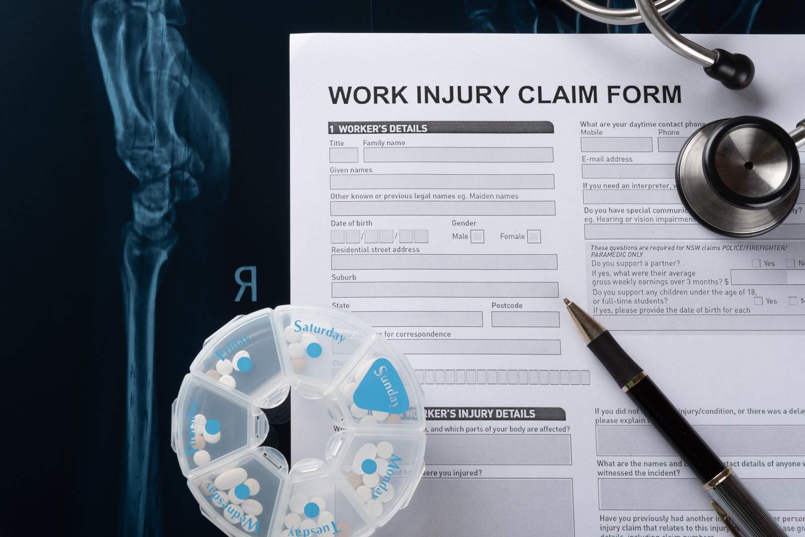 Work injury claim form with stethoscope and medical X-ray representing a workers' compensation claim